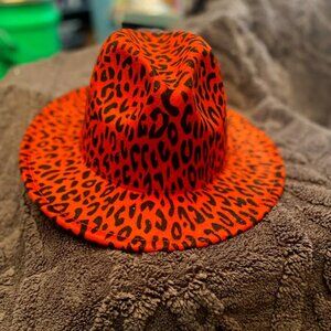 LEOPARD CHEETAH PRINT WIDE BRIM FELT FEDORA PANAMA HAT - ORANGE
